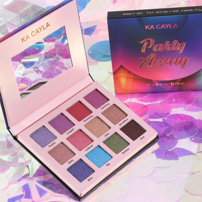 Open 12-color eyeshadow palette in a compact black case showing vibrant and neutral shades — view 4