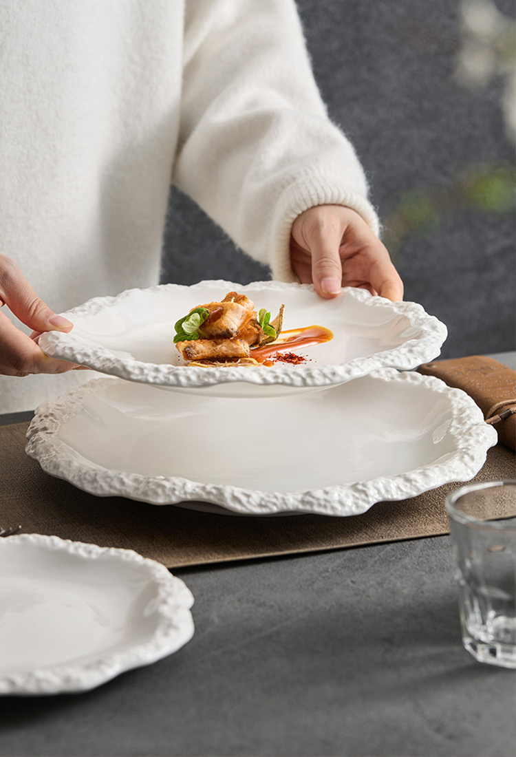 Rock pattern ceramic plate in soft matte finish, modern flat shallow dining dish with skirted edge — view 5