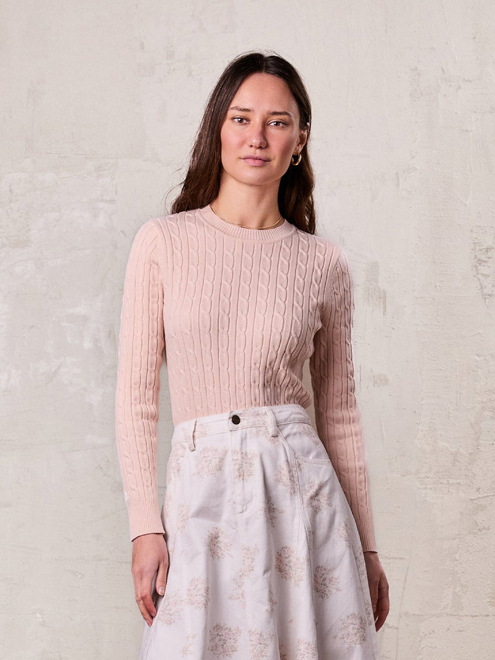Crew Neck Cable Sweater-Peach-0