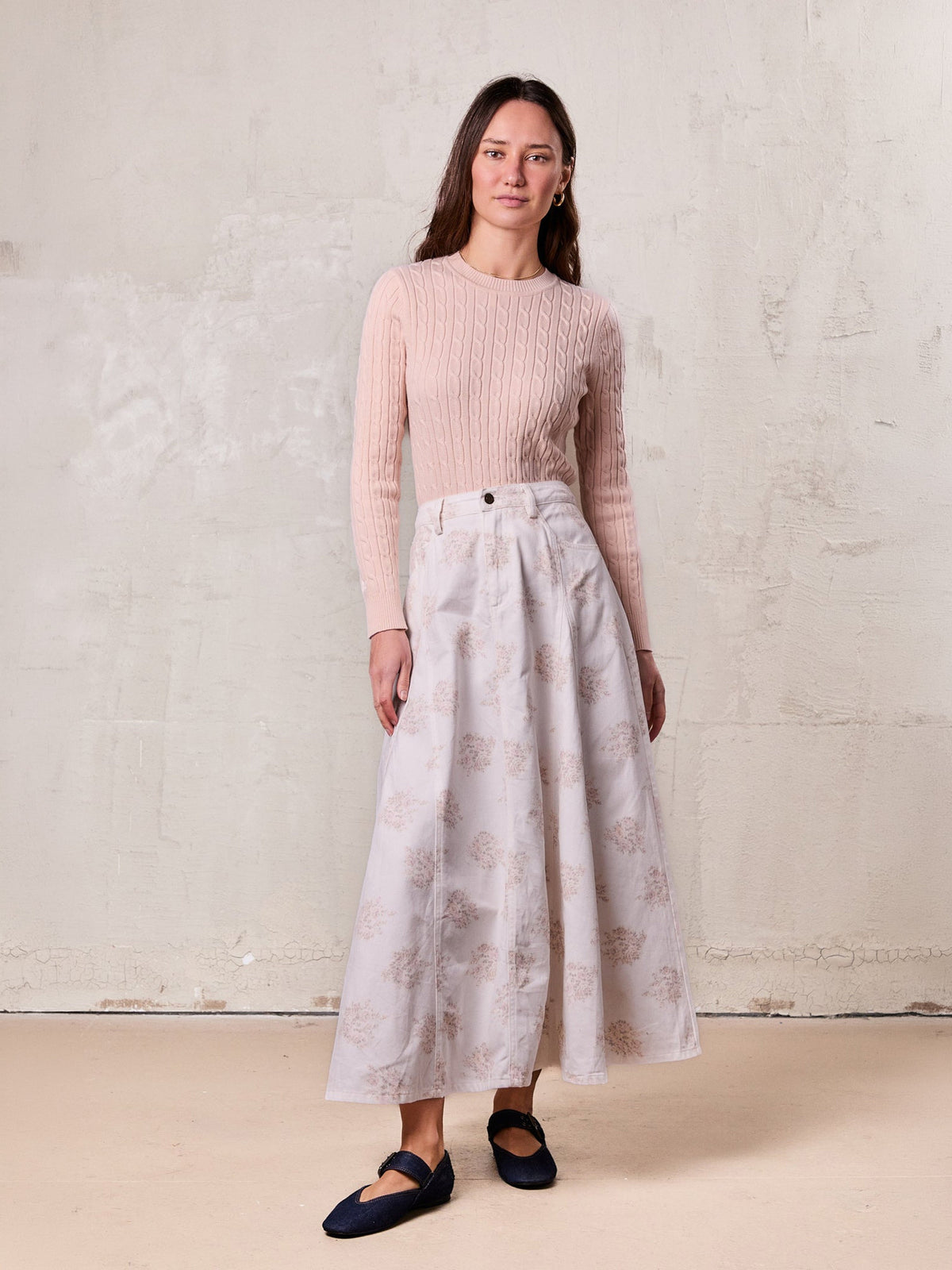 Crew Neck Cable Sweater-Peach-2