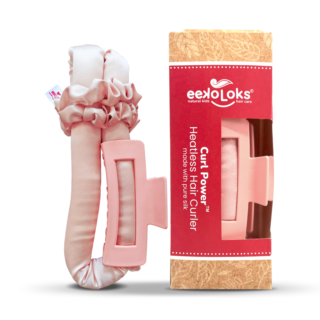 Kids pure silk heatless hair curler set with two scrunchies, claw clip, and storage bag