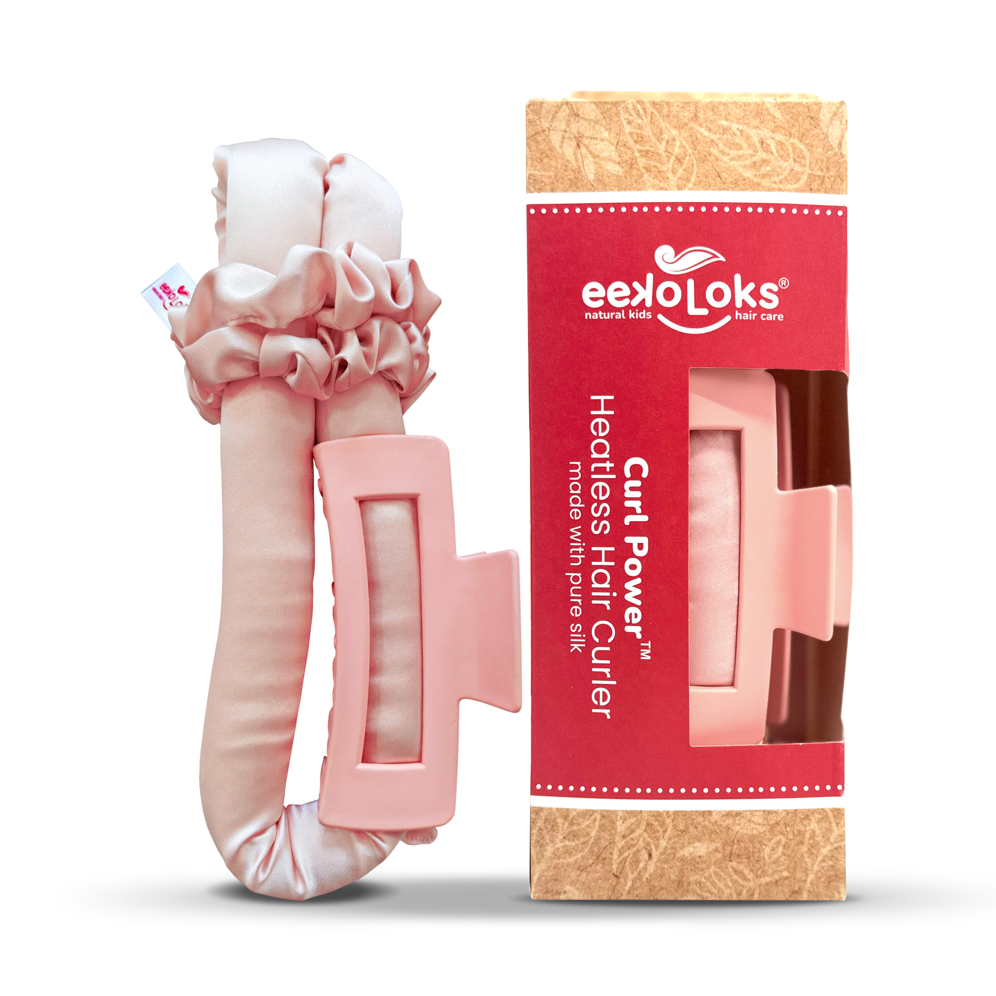 Kids pure silk heatless hair curler set with two scrunchies, claw clip, and storage bag