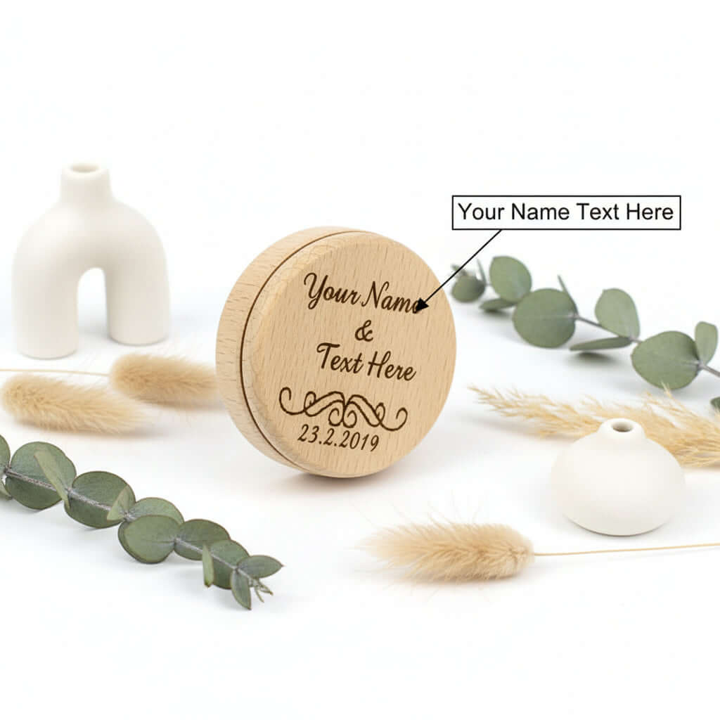 Custom engraved natural beech wood earring box for personalized wedding jewelry and elegant presentation