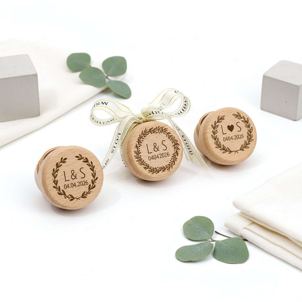 Custom engraved natural beech wood earring box for personalized wedding jewelry and elegant presentation — view 3