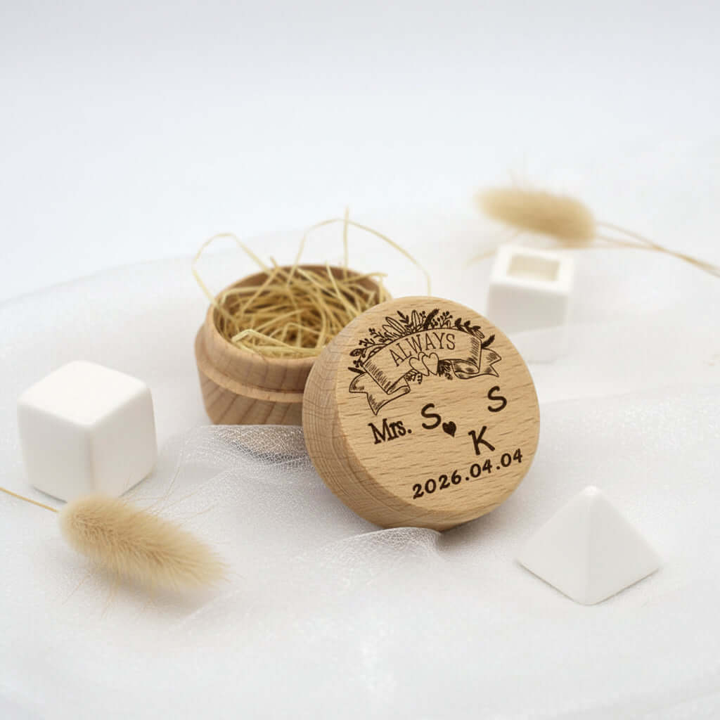 Custom engraved natural beech wood earring box for personalized wedding jewelry and elegant presentation — view 4