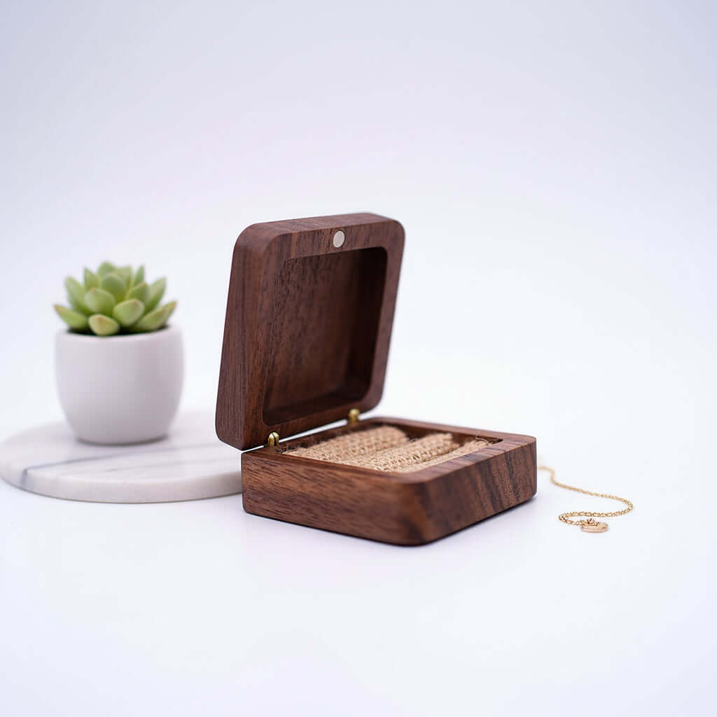 Custom engraved wooden jewelry box with natural finish and soft linen interior for earrings — view 3