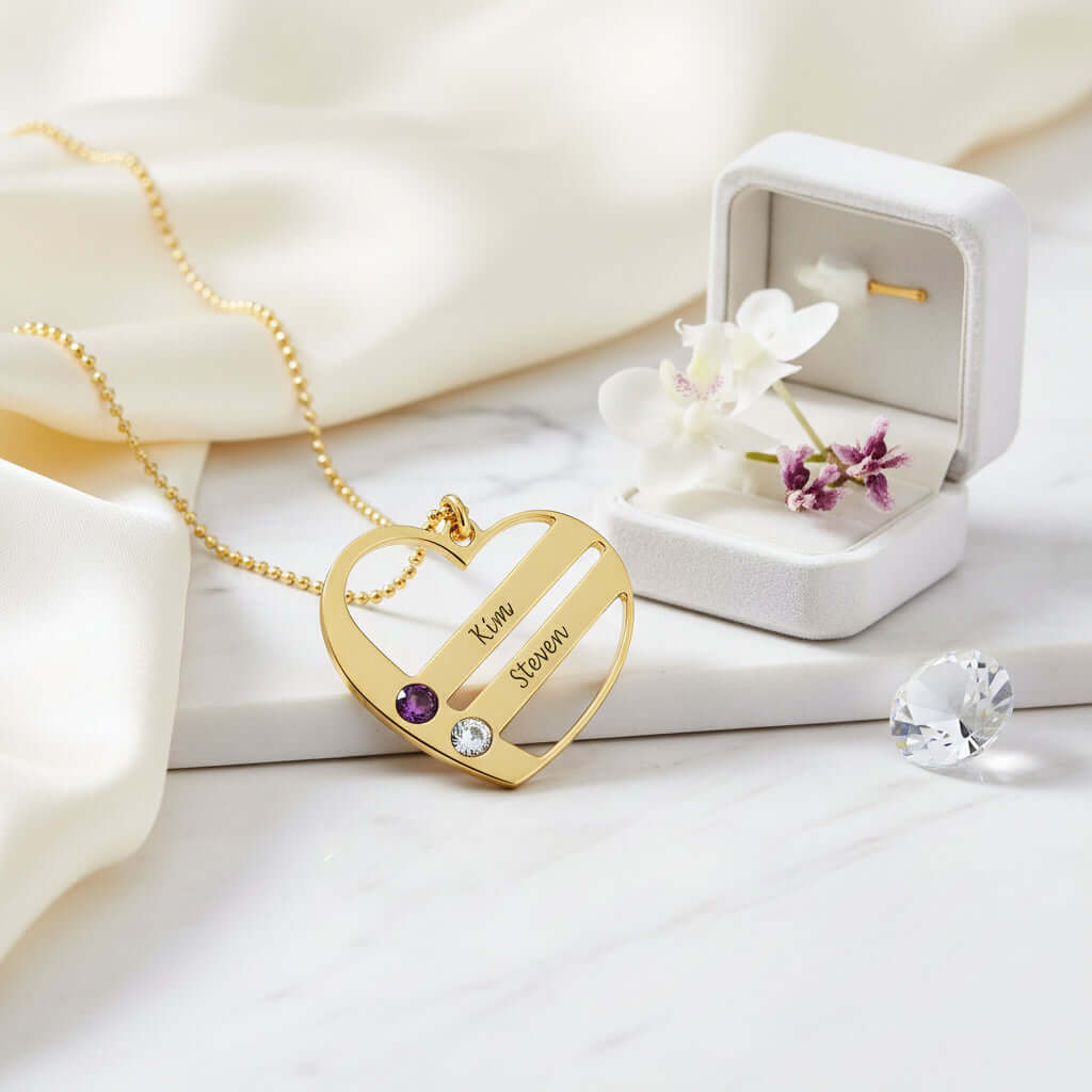 Custom engraved S925 sterling silver heart name necklace with sparkling diamond-style stones and box chain. — view 5