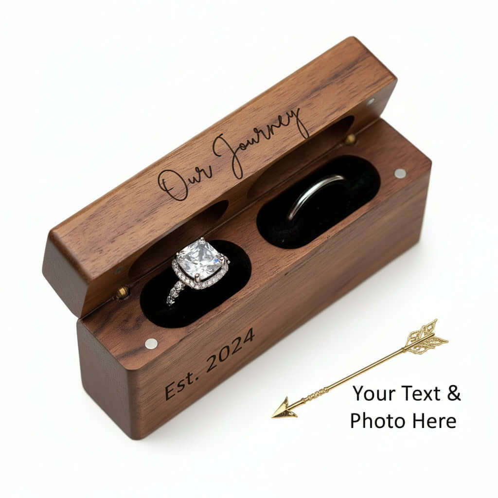 Custom engraved walnut wood ring box with a plush soft fleece interior for proposals and weddings.