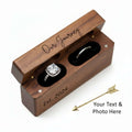 Custom engraved walnut wood ring box with a plush soft fleece interior for proposals and weddings.