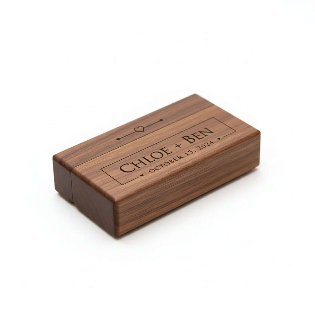 Custom engraved walnut wood ring box with a plush soft fleece interior for proposals and weddings. — view 2