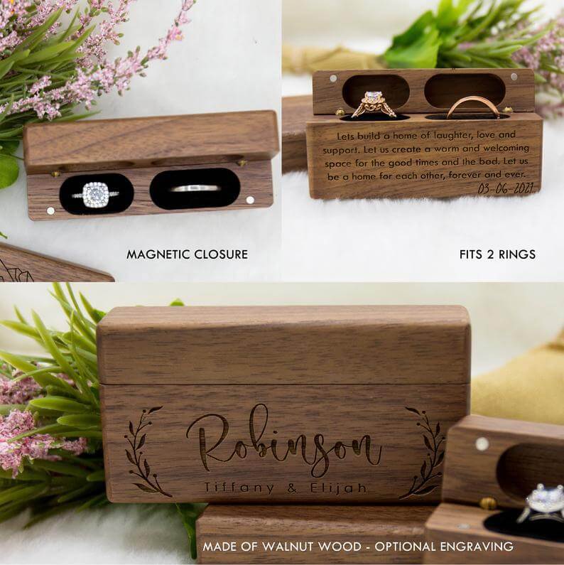Custom engraved walnut wood ring box with a plush soft fleece interior for proposals and weddings. — view 3
