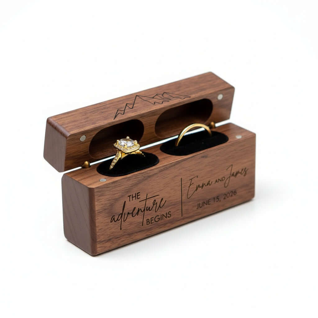 Custom engraved walnut wood ring box with a plush soft fleece interior for proposals and weddings. — view 4