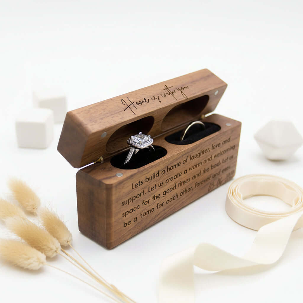 Custom engraved walnut wood ring box with a plush soft fleece interior for proposals and weddings. — view 5