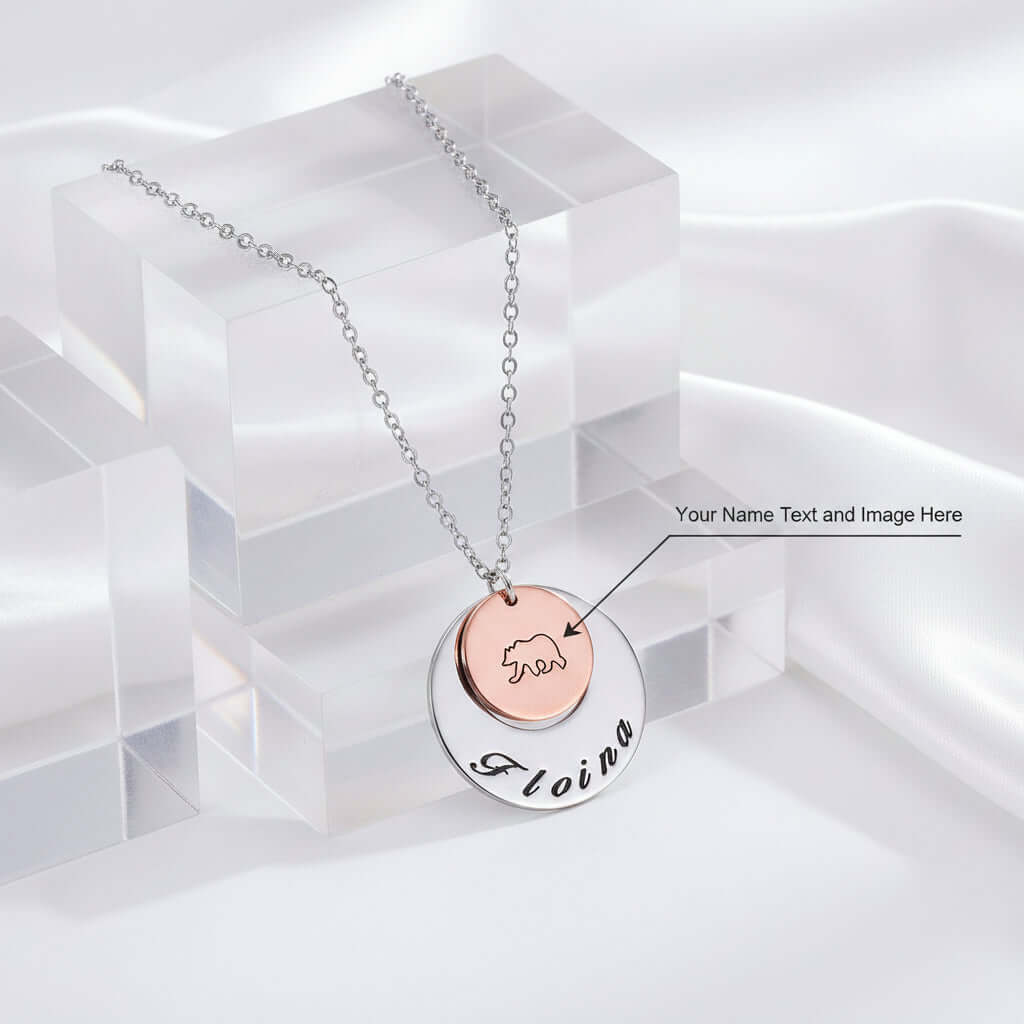 Custom photo name necklace in stainless steel featuring personalized picture pendant and adjustable chain