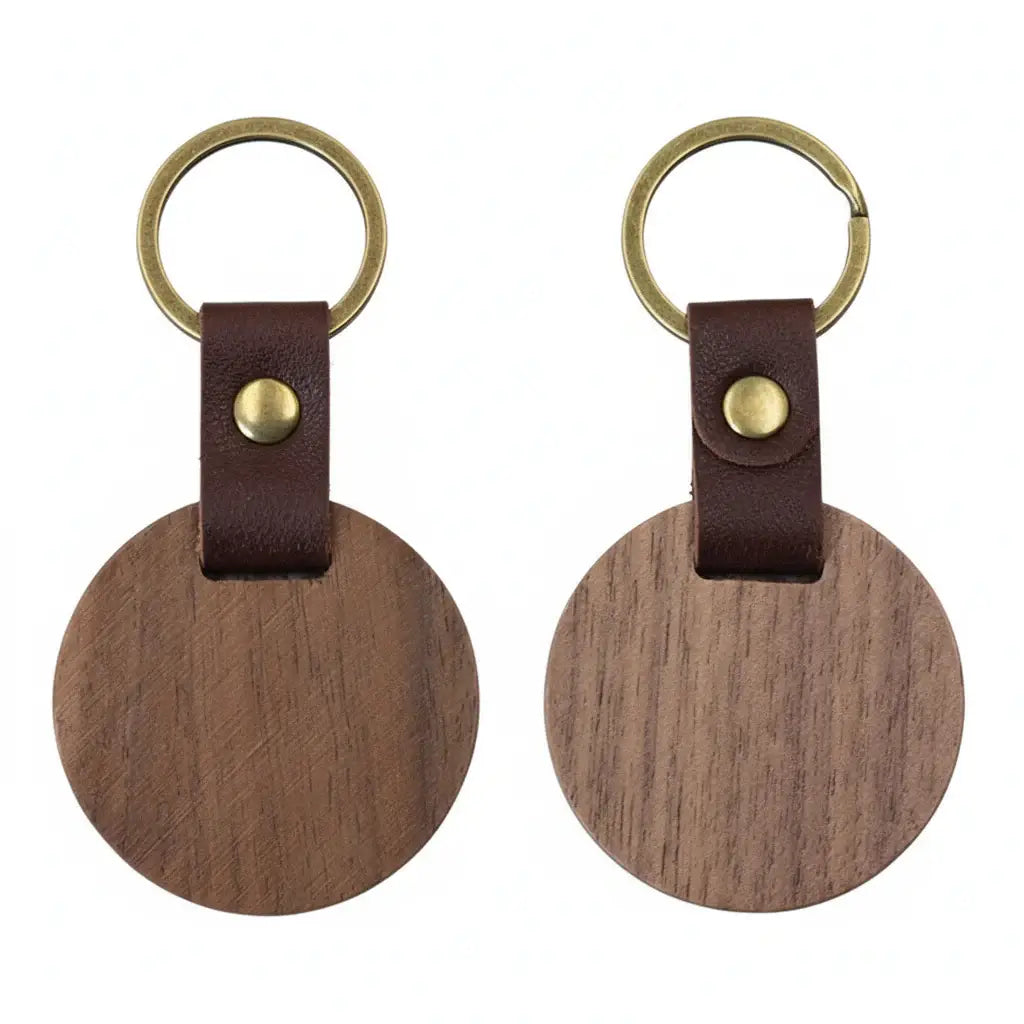 Custom engraved wooden keychain with PU leather strap and copper ring on white background — view 3