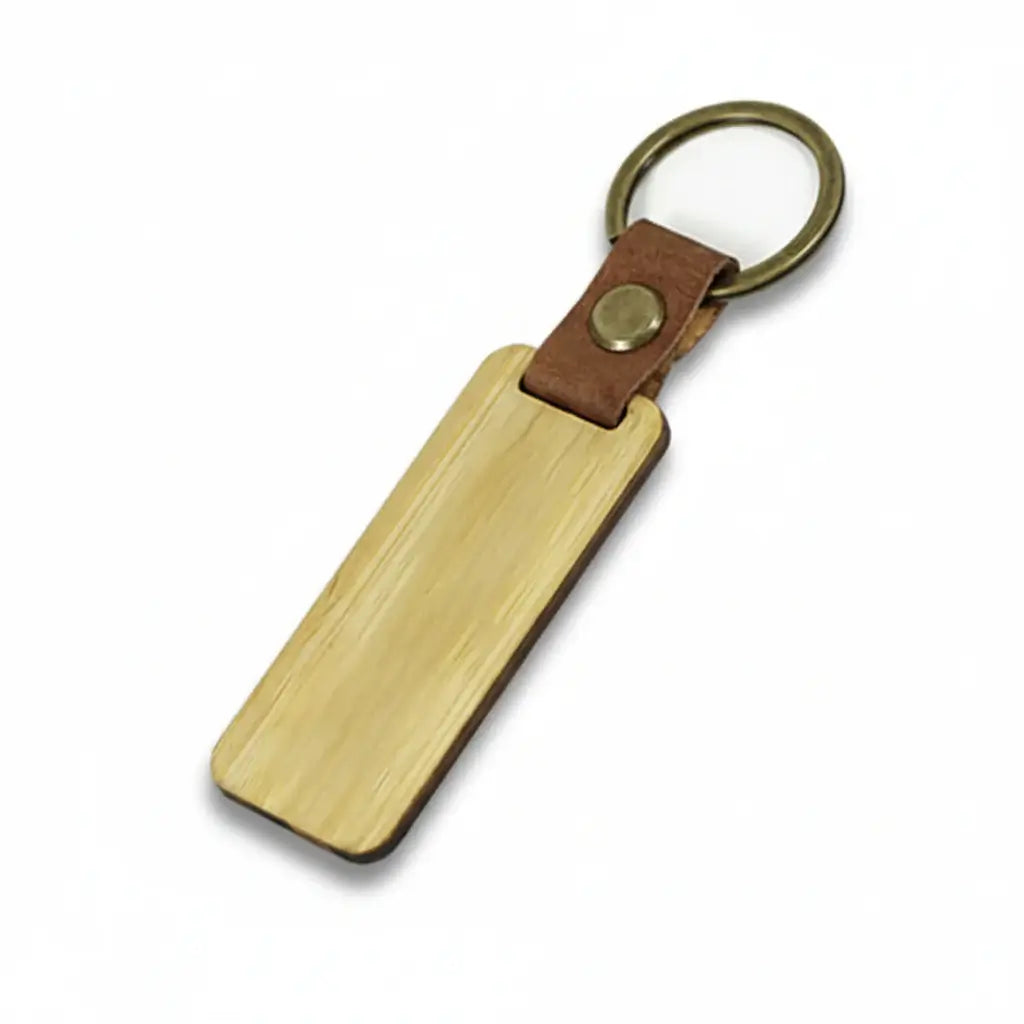Custom engraved wooden keychain with PU leather strap and copper ring on white background — view 5