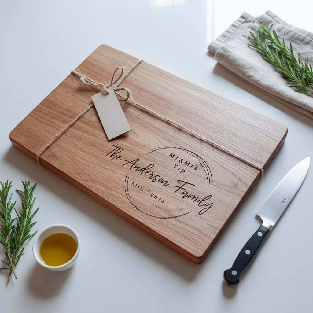 Custom engraved wooden cutting board made of dark walnut wood with personalized text design — view 2