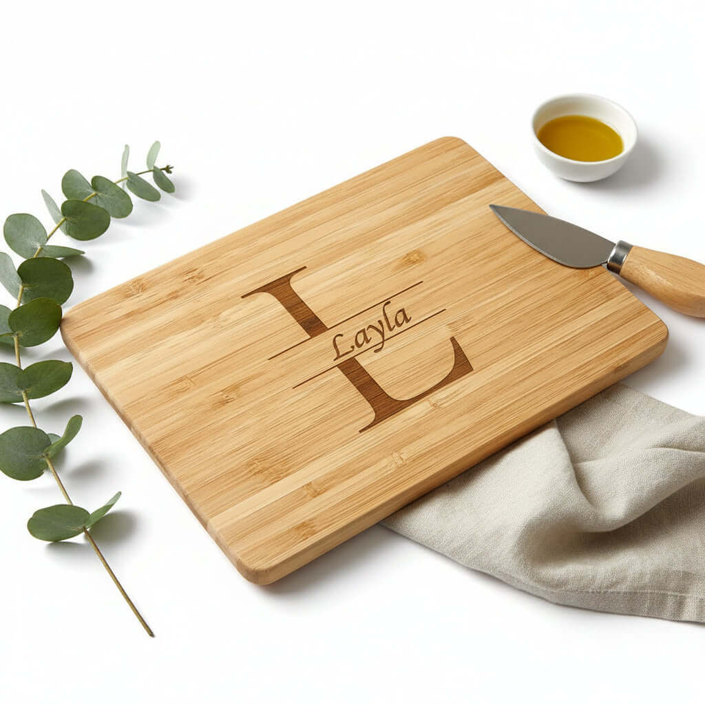 Custom engraved wooden cutting board made of dark walnut wood with personalized text design — view 3