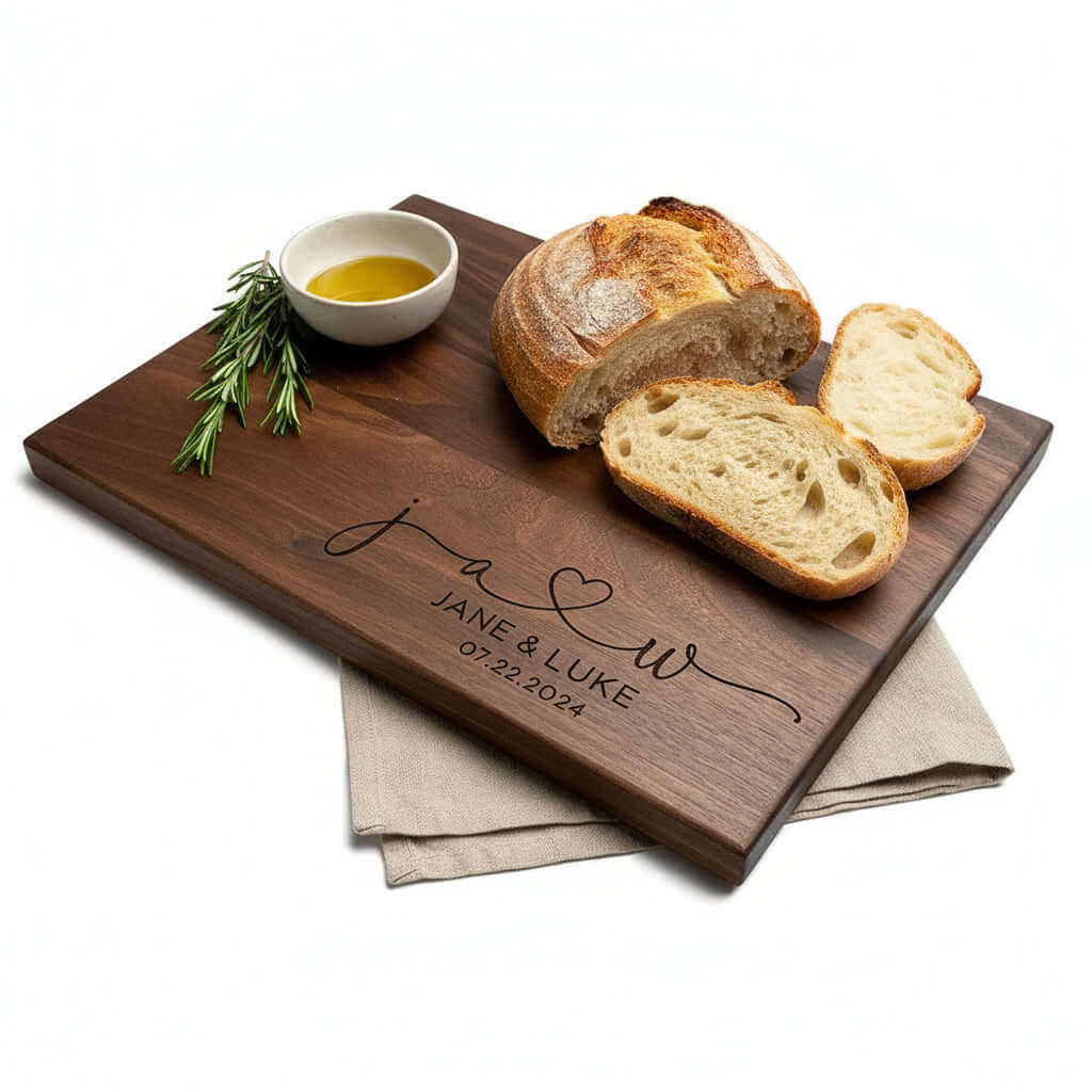 Custom engraved wooden cutting board made of dark walnut wood with personalized text design — view 4