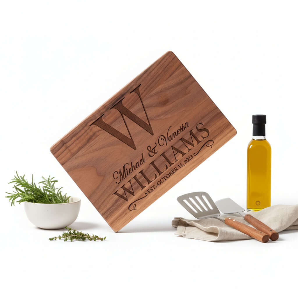 Custom engraved wooden cutting board made of dark walnut wood with personalized text design — view 5