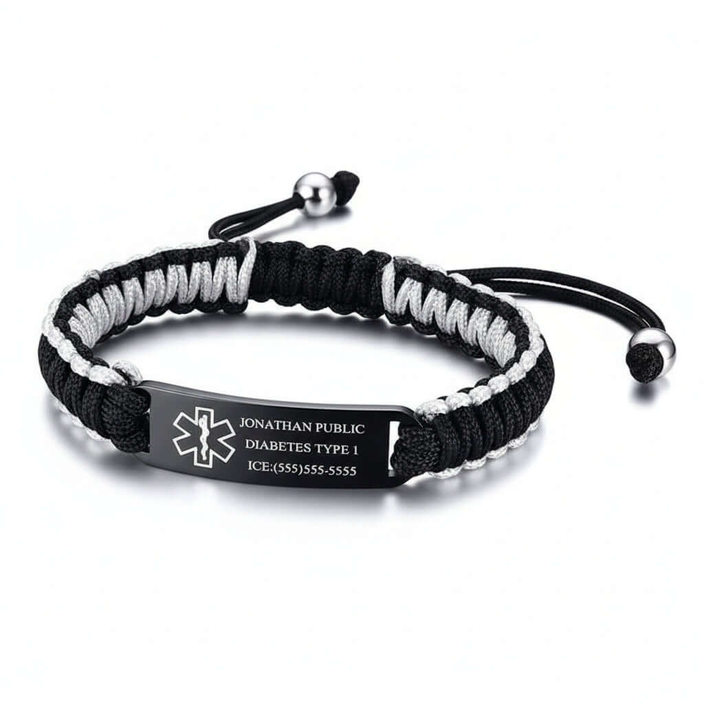 Custom engraved braided bracelet with black stainless steel curved plate and woven rope band