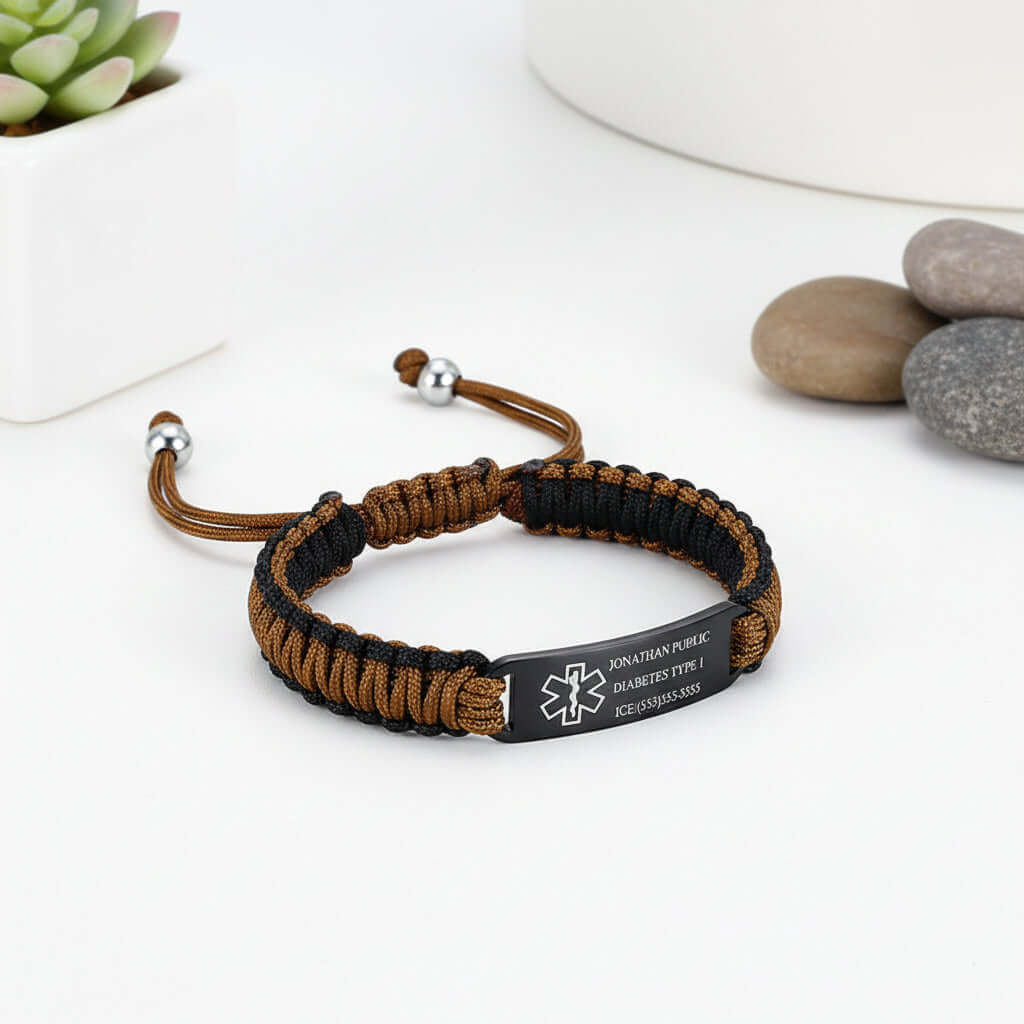 Custom engraved braided bracelet with black stainless steel curved plate and woven rope band — view 4
