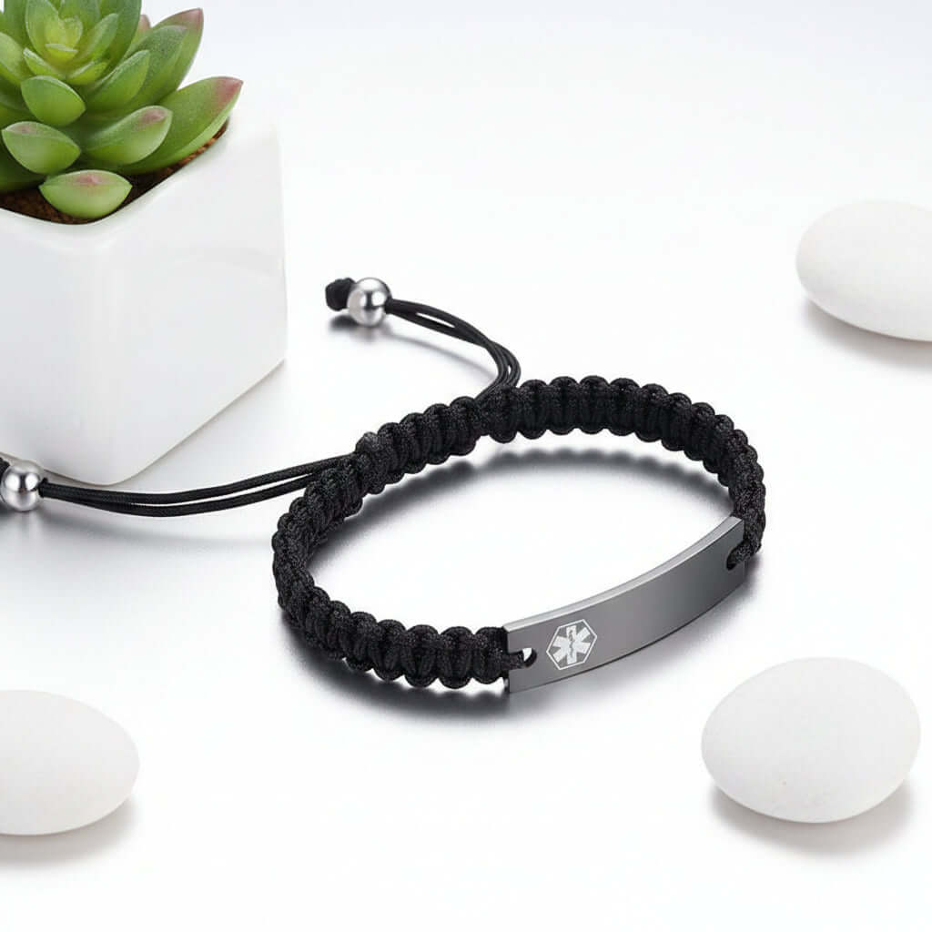 Custom engraved braided bracelet with black stainless steel curved plate and woven rope band — view 5