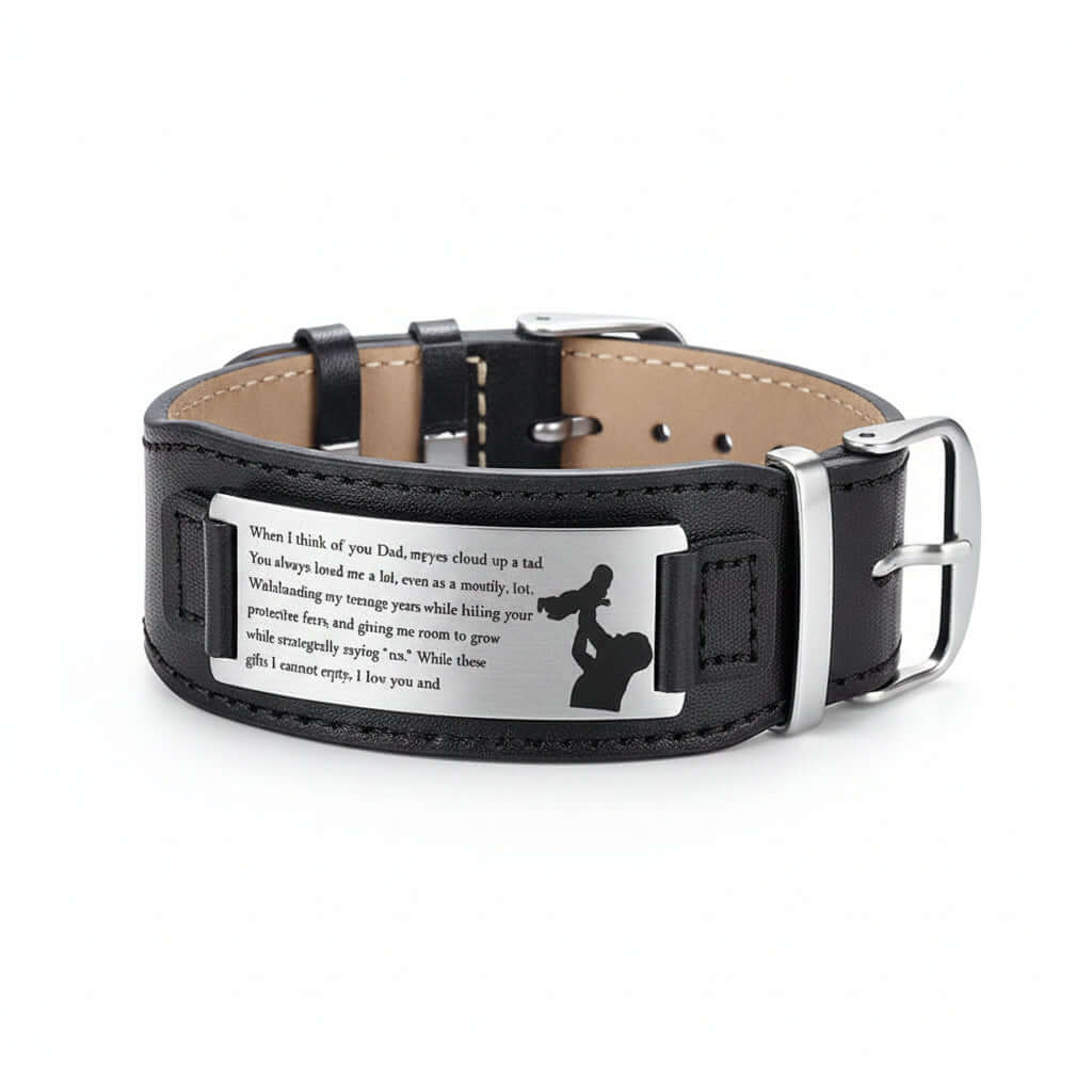 Custom engraved leather and stainless steel bracelet with square metal plate, adjustable band design