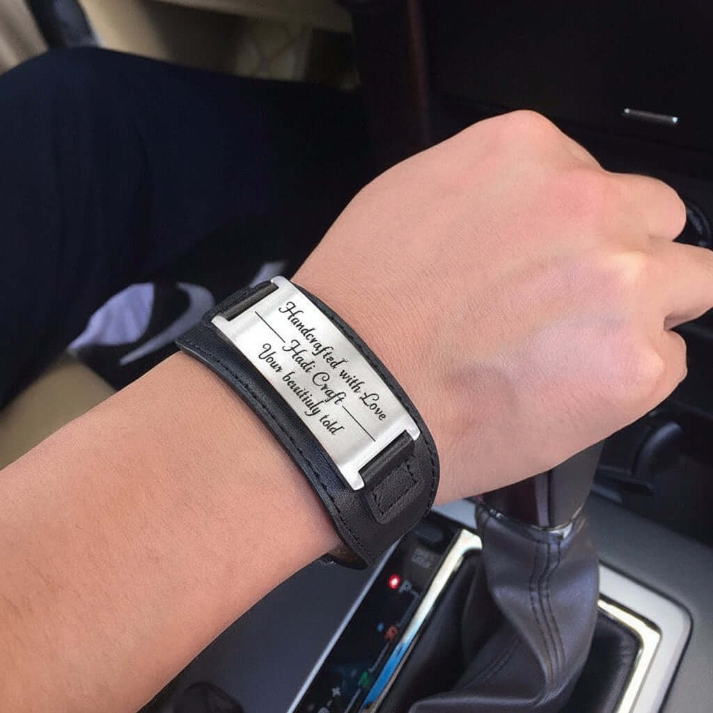 Custom engraved leather and stainless steel bracelet with square metal plate, adjustable band design — view 2