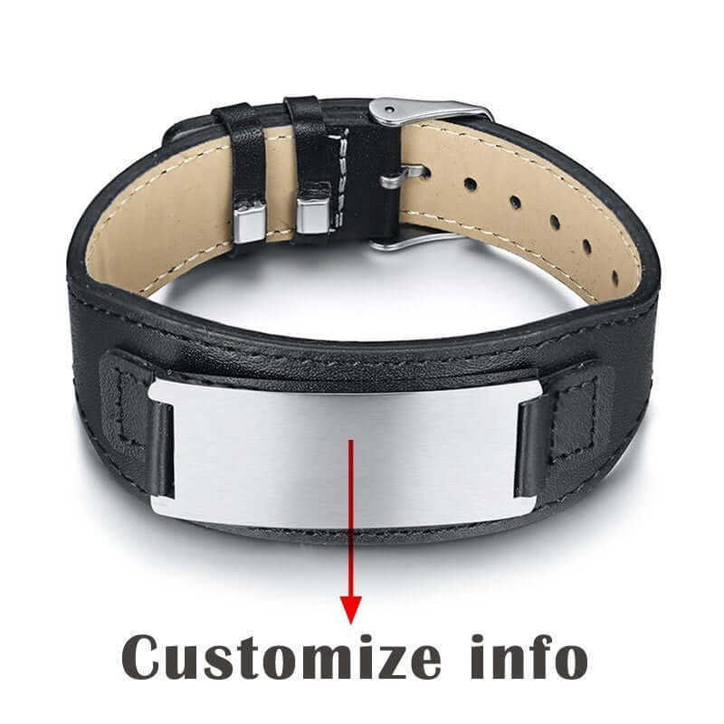 Custom engraved leather and stainless steel bracelet with square metal plate, adjustable band design — view 3