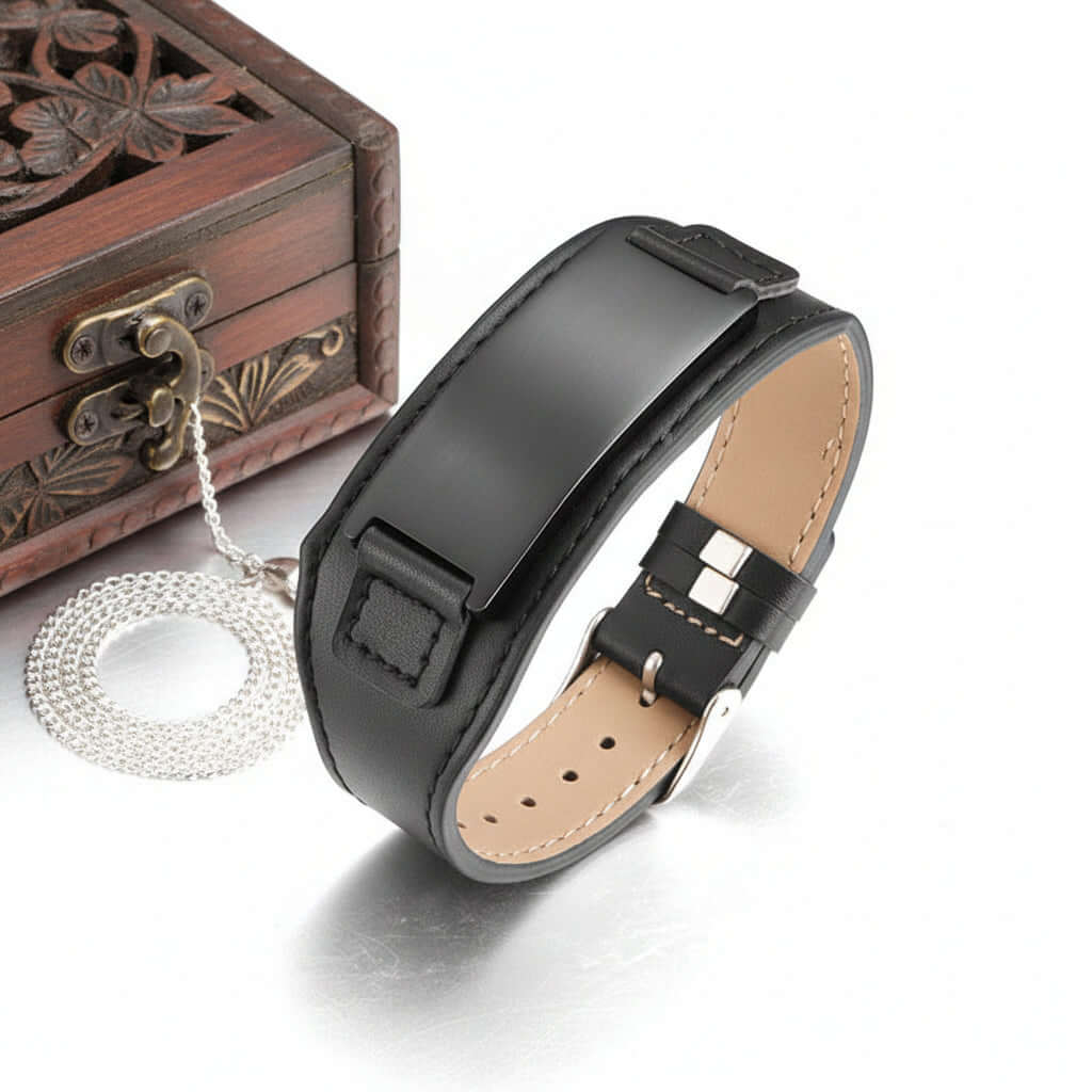 Custom engraved leather and stainless steel bracelet with square metal plate, adjustable band design — view 5