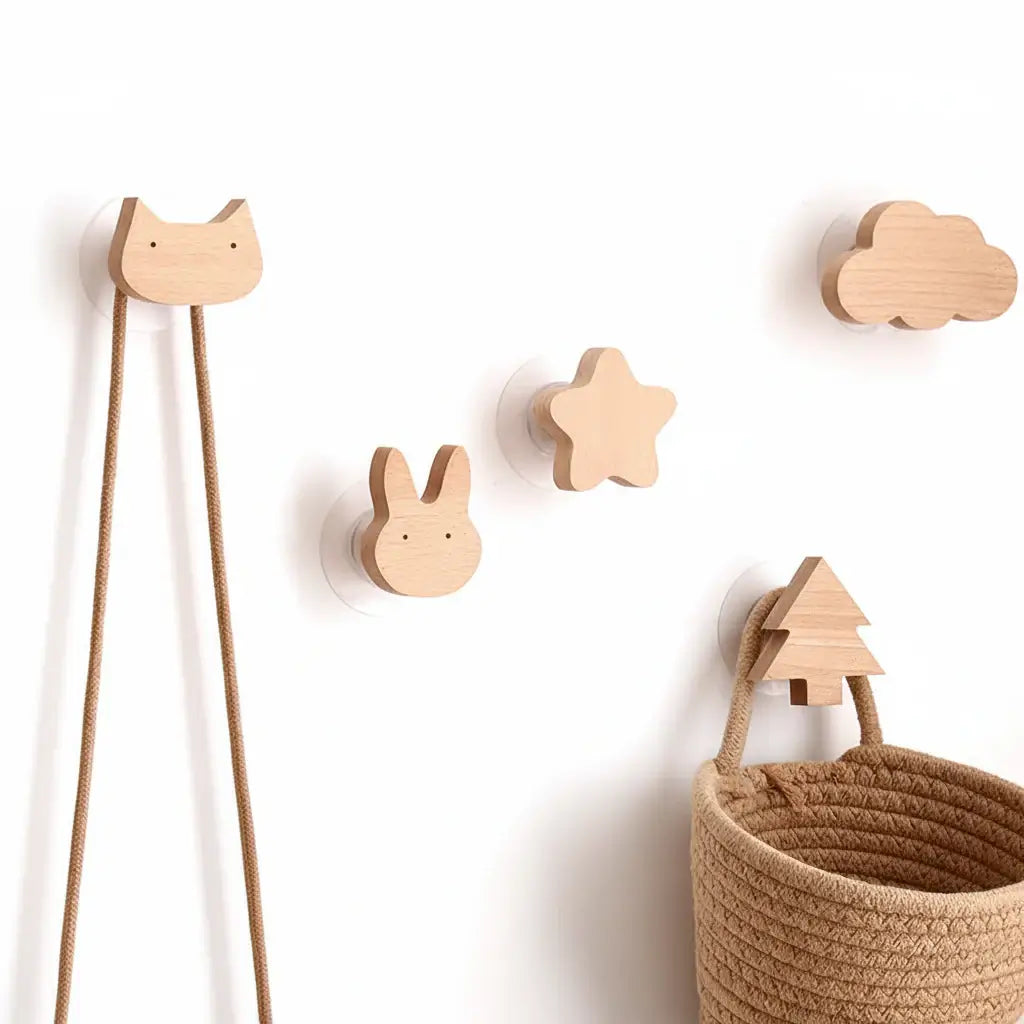 Cute animal wooden wall hook crafted from light beech wood for kids room coat storage