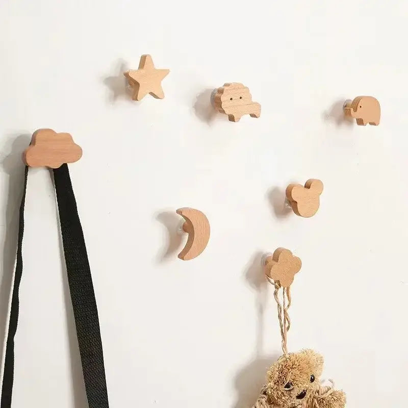 Cute animal wooden wall hook crafted from light beech wood for kids room coat storage — view 2