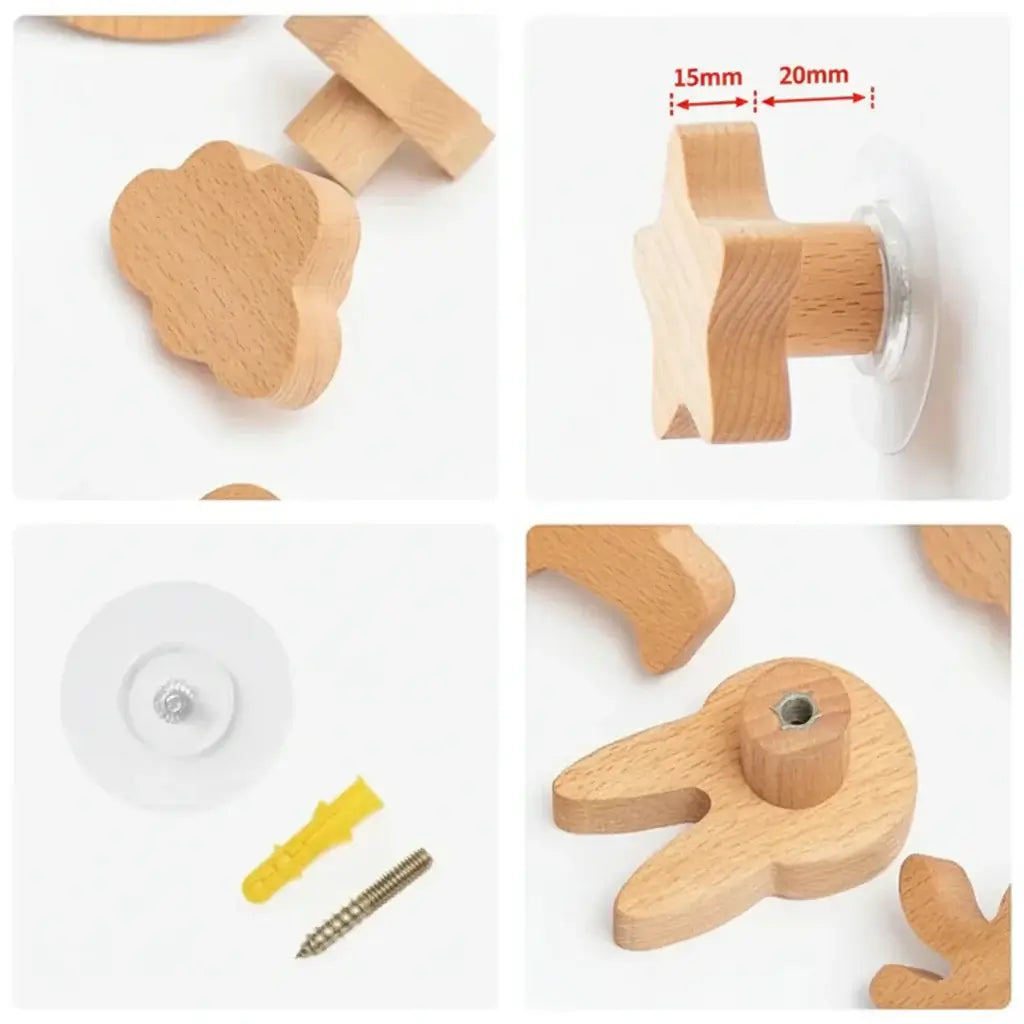 Cute animal wooden wall hook crafted from light beech wood for kids room coat storage — view 3