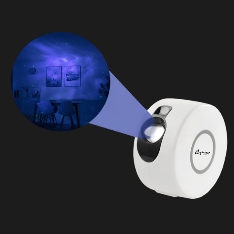 Compact G2 mini LED galaxy projector emitting colorful nebula light and green laser stars indoors. — view 5