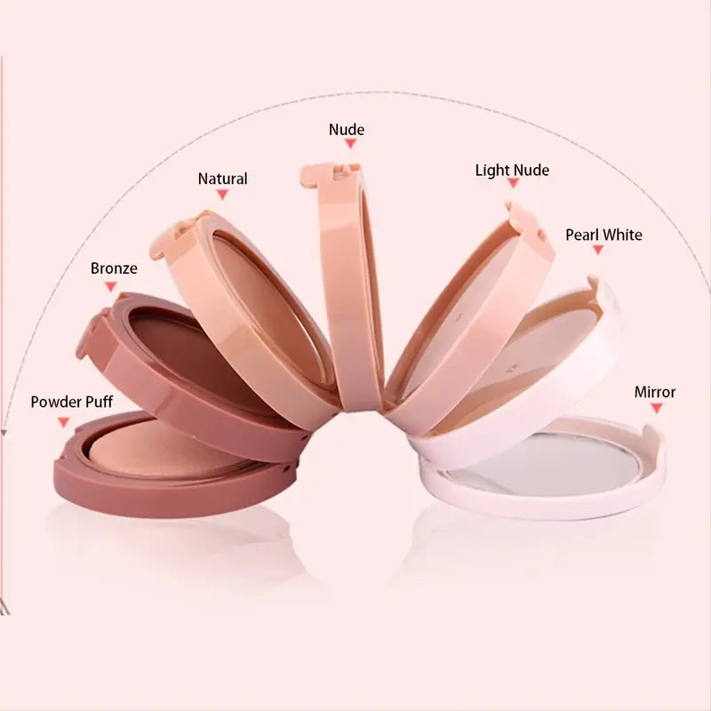 5-in-1 waterproof makeup powder compact with built-in mirror, puff applicator, and versatile contouring shades — view 5