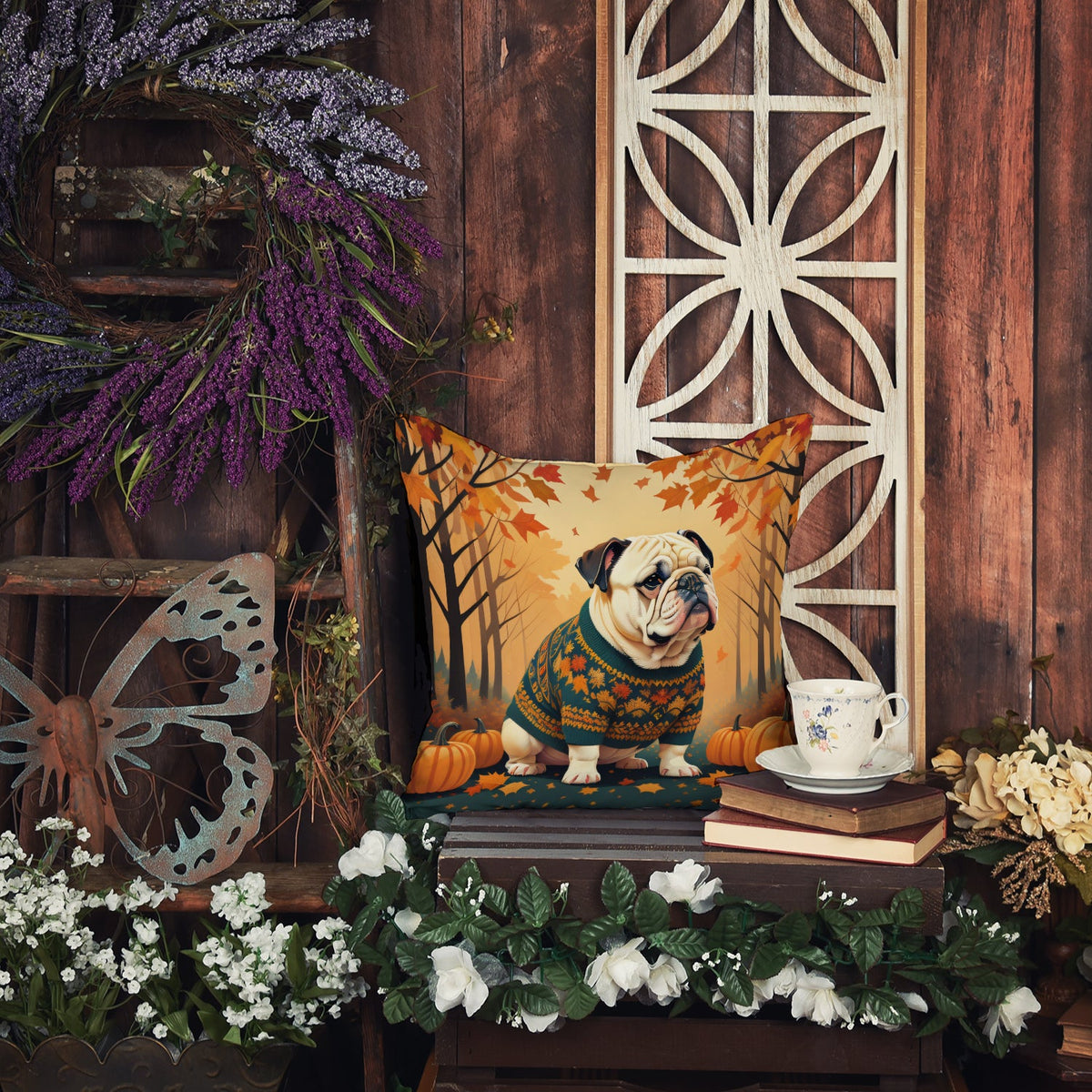 White English Bulldog Fall Throw Pillow-3