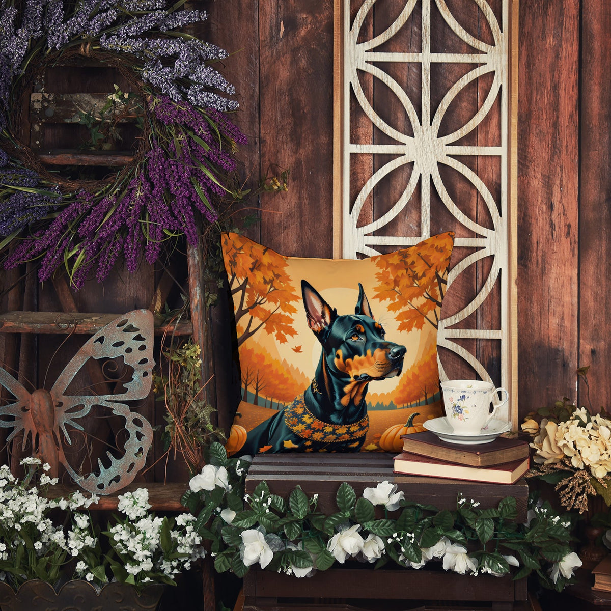 Doberman Pinscher Fall Throw Pillow-3
