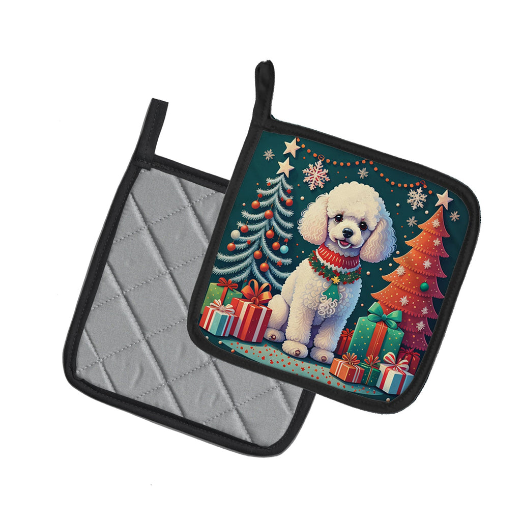 White Toy Poodle Christmas Pair of Pot Holders-1