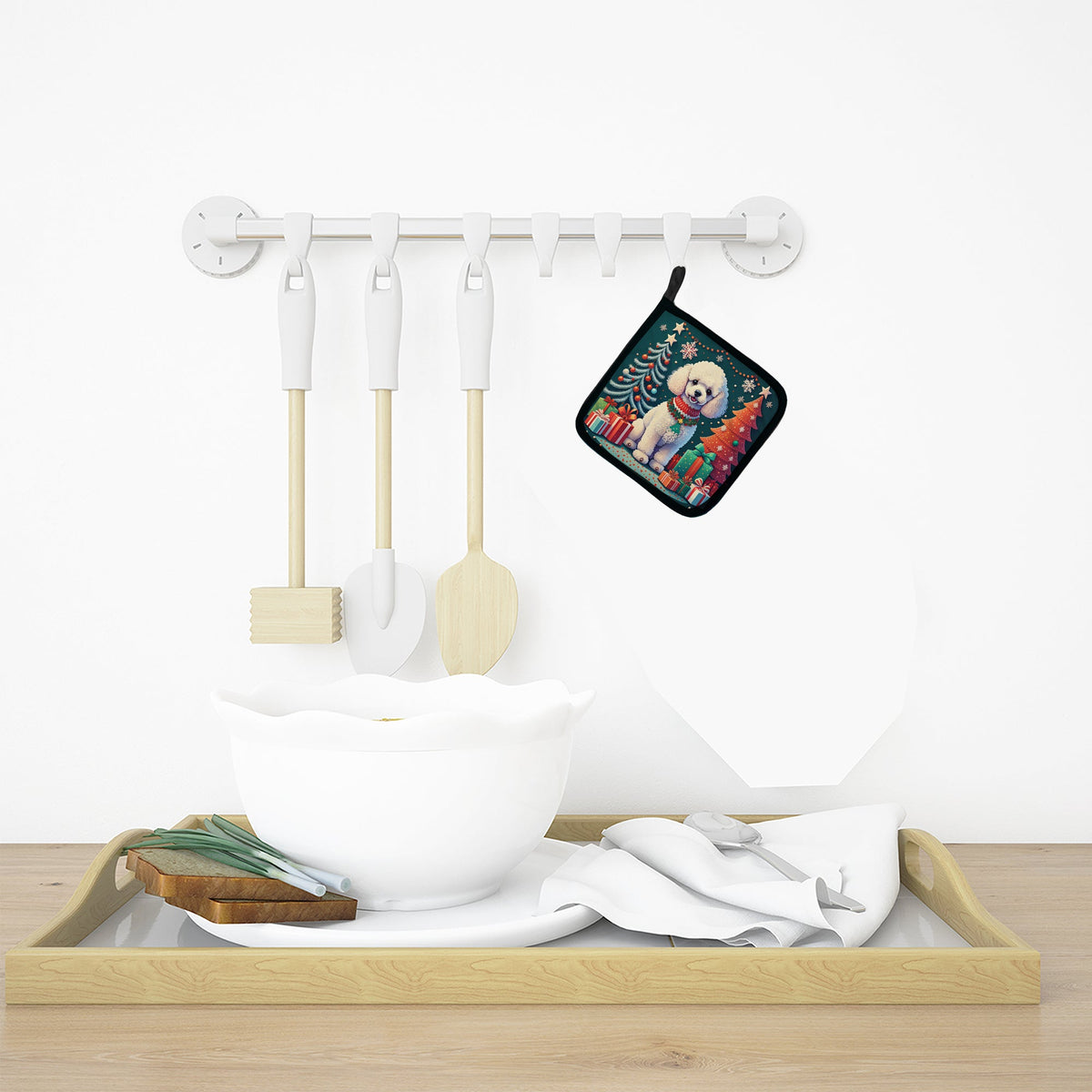 White Toy Poodle Christmas Pair of Pot Holders-2