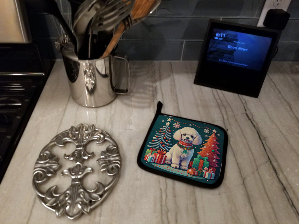 White Toy Poodle Christmas Pair of Pot Holders-3