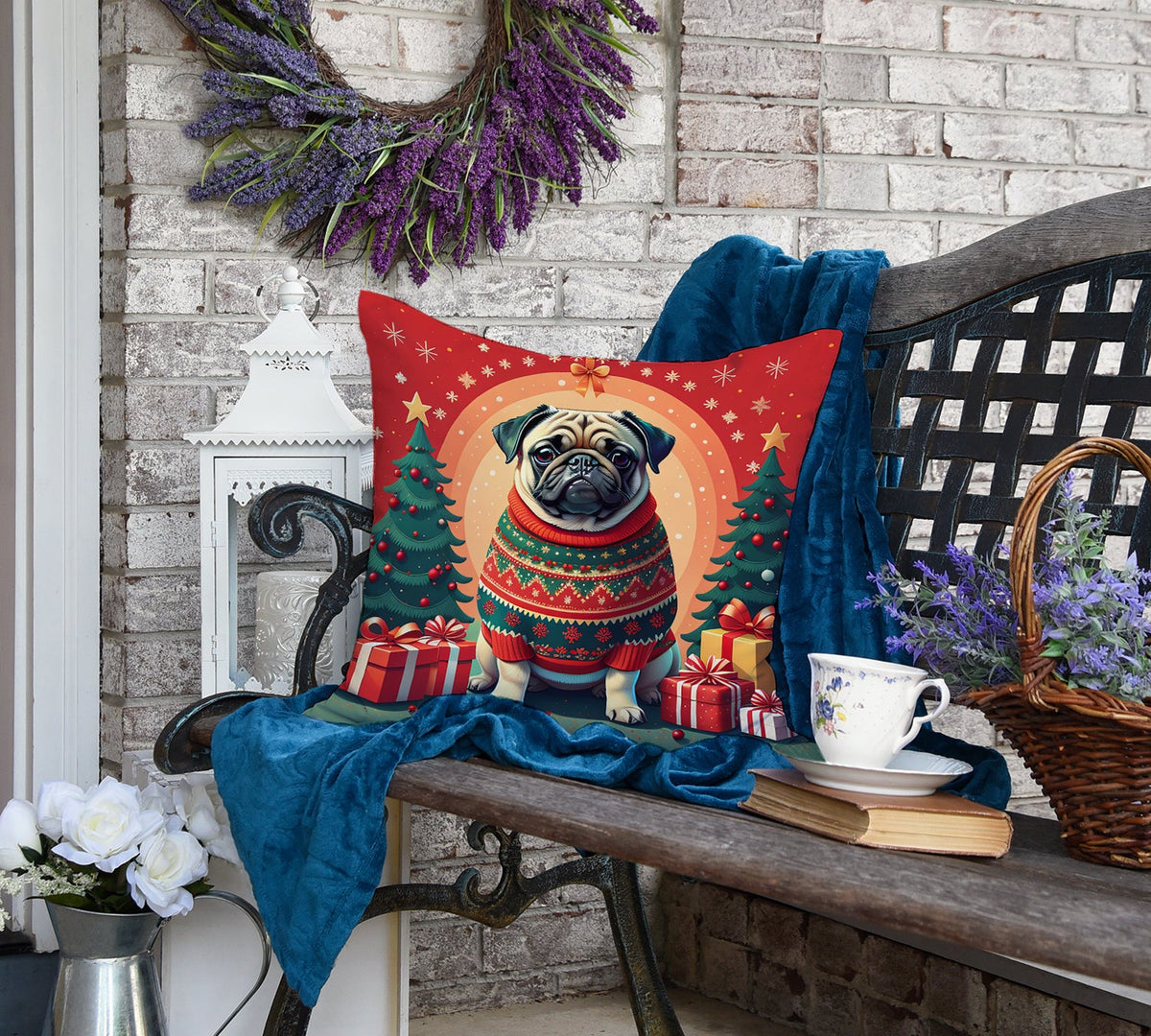 Fawn Pug Christmas Throw Pillow-3