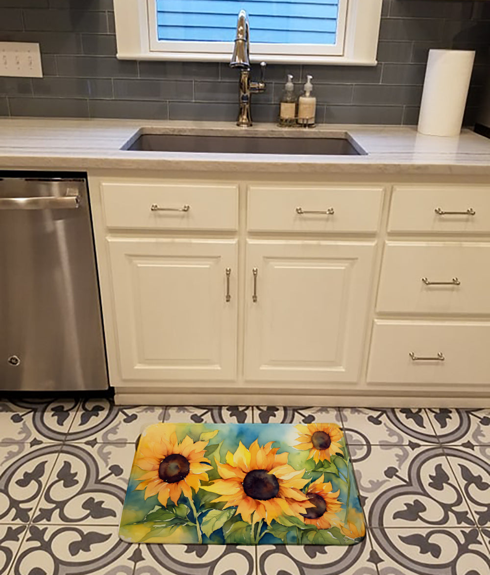 Sunflowers in Watercolor Memory Foam Kitchen Mat-1