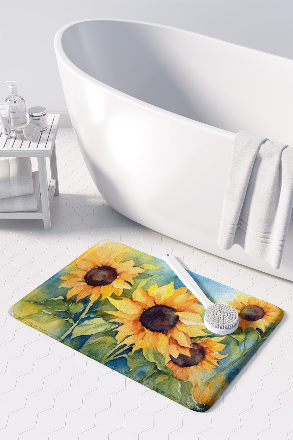 Sunflowers in Watercolor Memory Foam Kitchen Mat-2