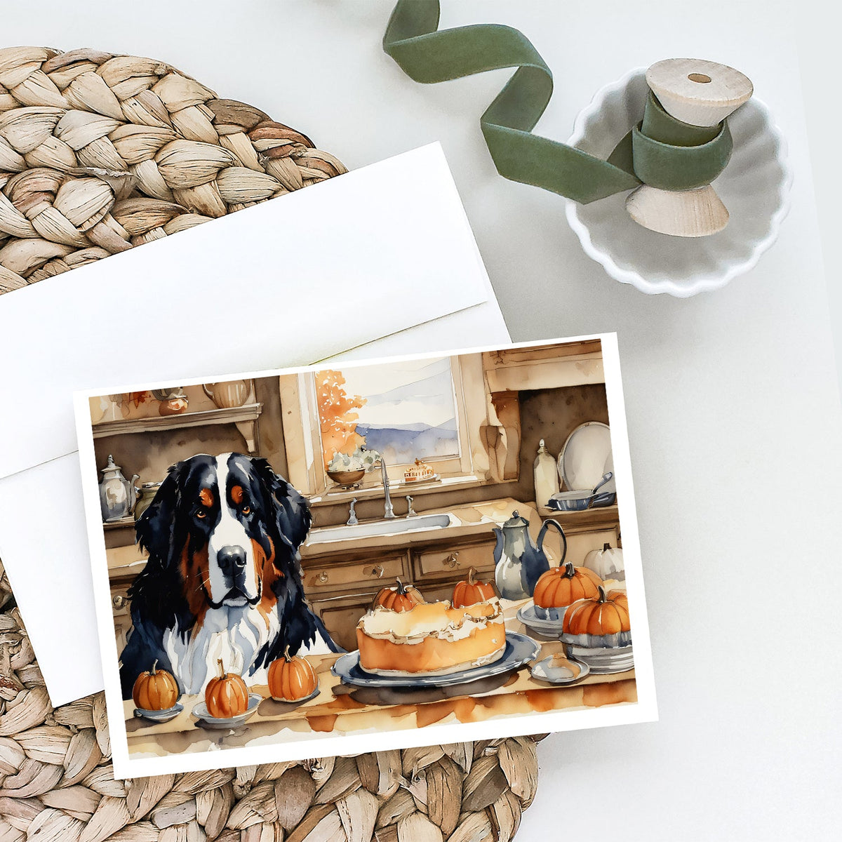 Bernese Mountain Dog Fall Kitchen Pumpkins Greeting Cards Pack of 8-1