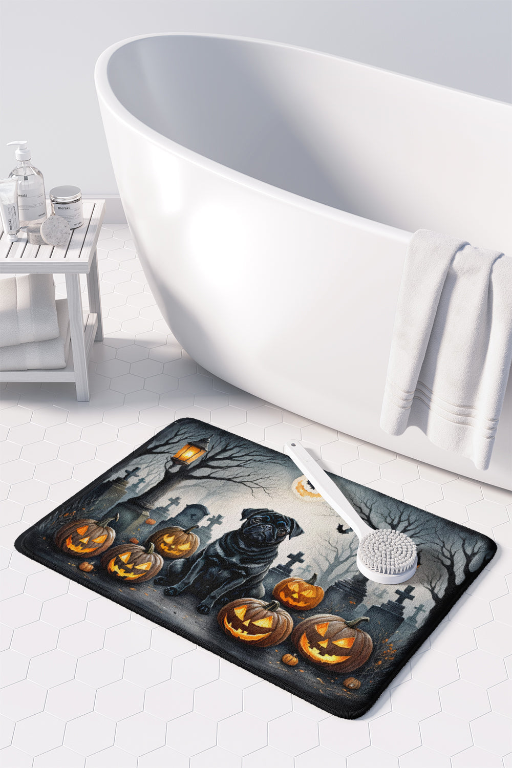 Black Pug Spooky Halloween Memory Foam Kitchen Mat-2