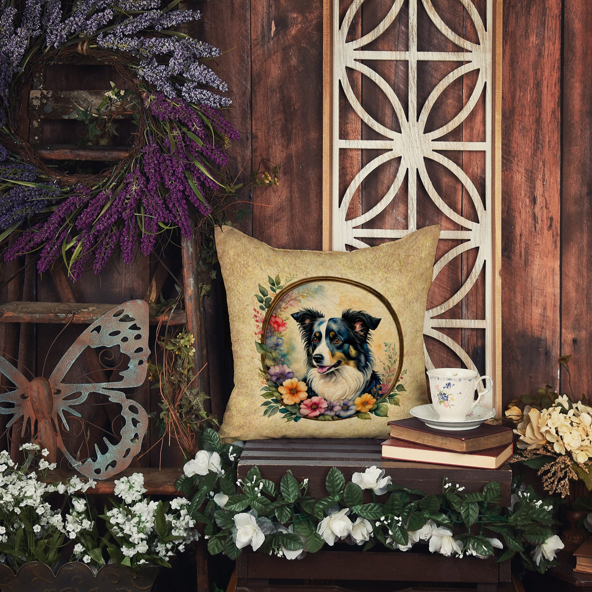 Border Collie and Flowers Throw Pillow-4