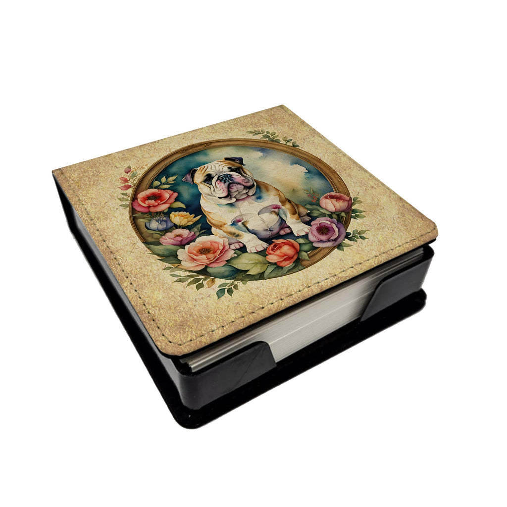 English Bulldog and Flowers PU Leather Note Paper Holder-0