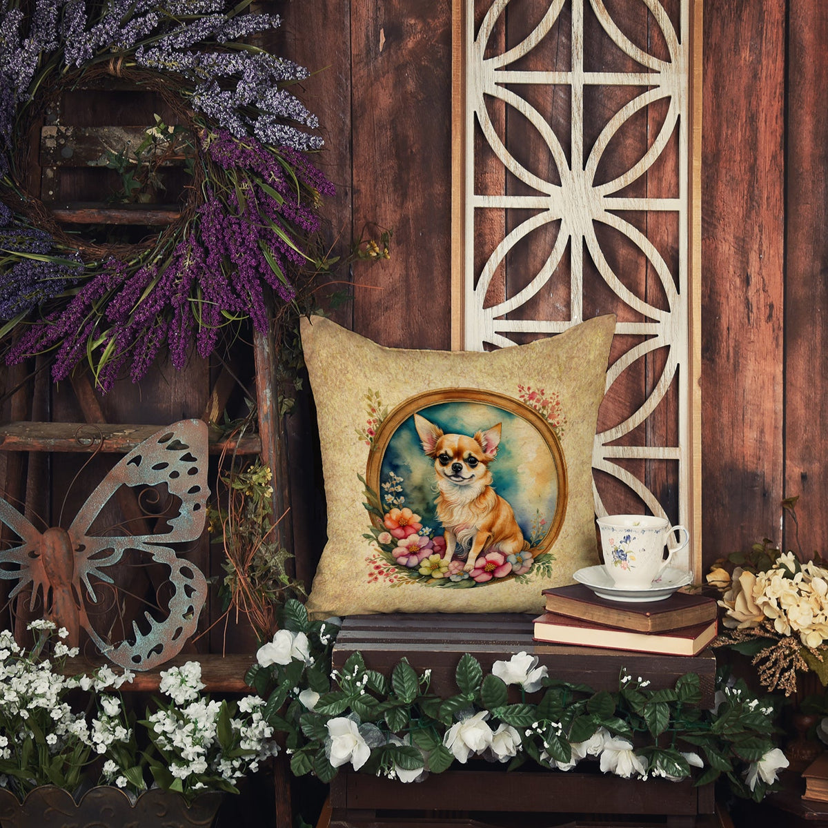 Chihuahua and Flowers Throw Pillow-4