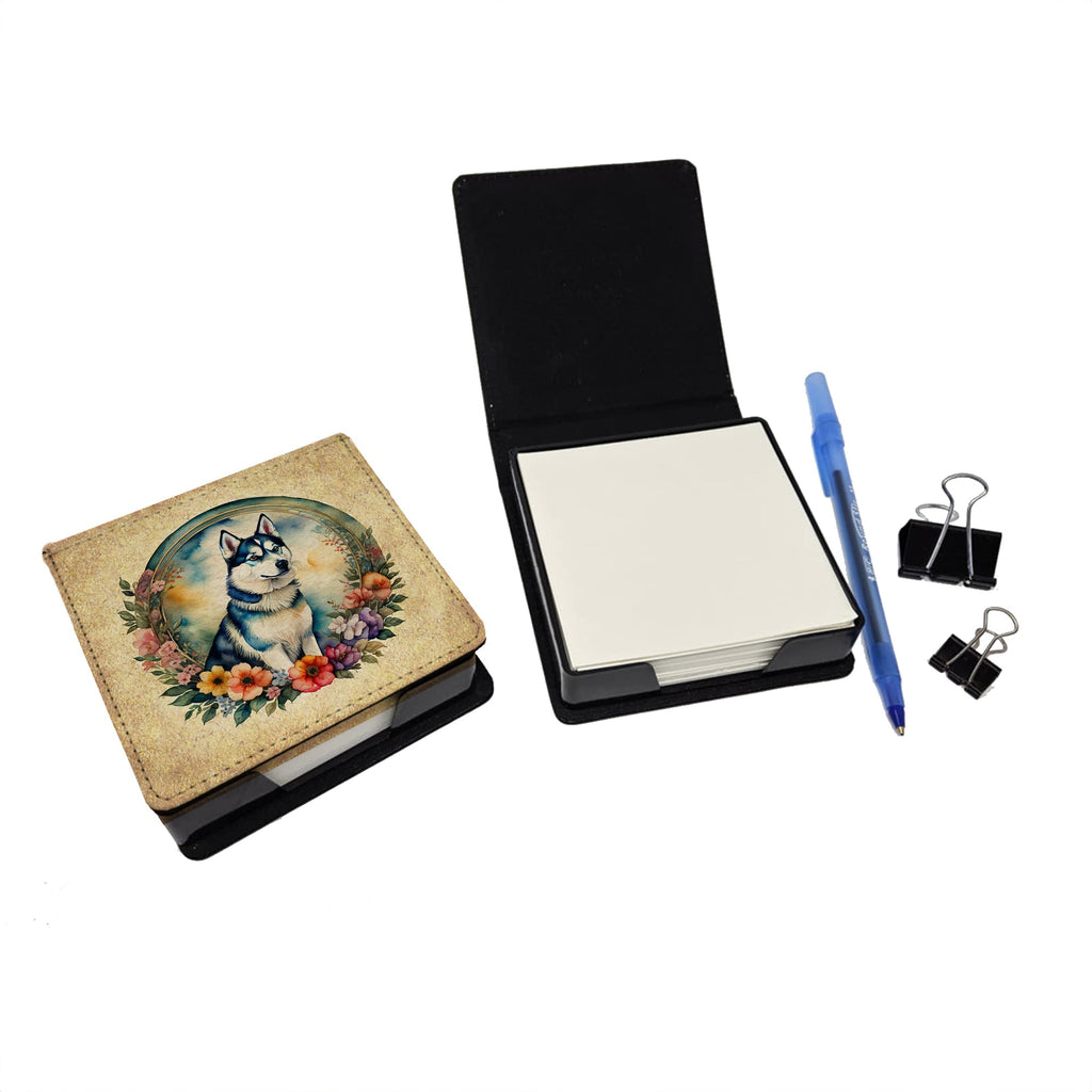 Siberian Husky and Flowers PU Leather Note Paper Holder-1